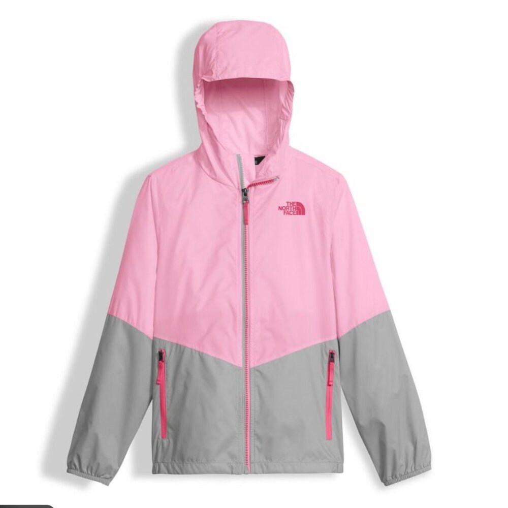 North Face Girls Pink Gray Hooded Windbreaker Jacket Lightweight Zip Pockets EUC